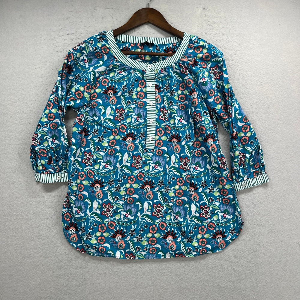 Talbots Blouse Womens Medium Blue Floral Stripe Trim Henley 3/4 Sleeve Popover